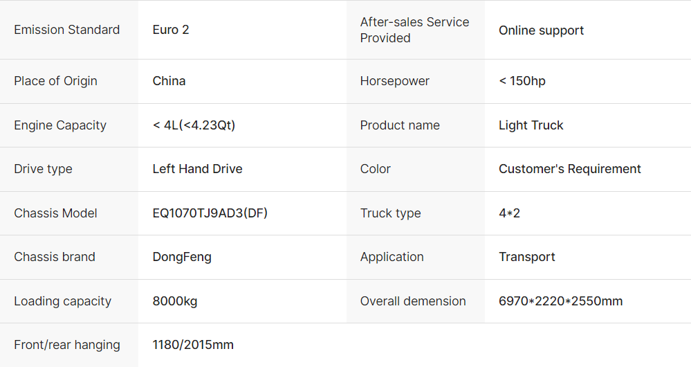 مواصفات فنية جديدة عالية الجودة لشاحنة نقل البضائع دونغفنغ كابتن سي 4x2 سعة 8 أطنان - شاحنة خفيفة ذات مقود يساري من الصين